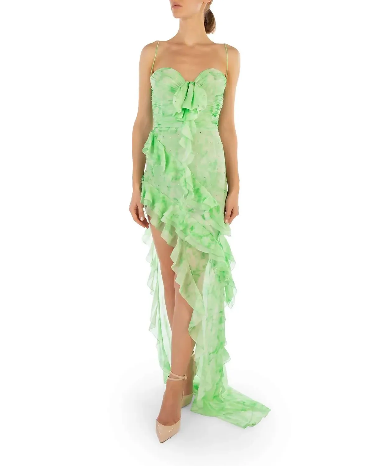 Alessandra Rich Asymmetric Embellished Tie-Dyed Silk-Georgette Gown Green Size 36/ AU 6