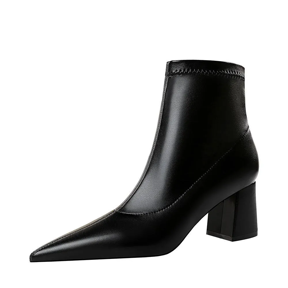 Chicvane Womens PU Pointed Toe Chunky Heel Ankle Boots