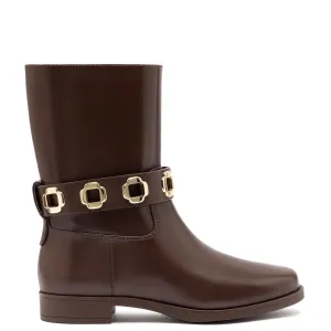 Larroude Milan Flat Bootie In Brown Leather